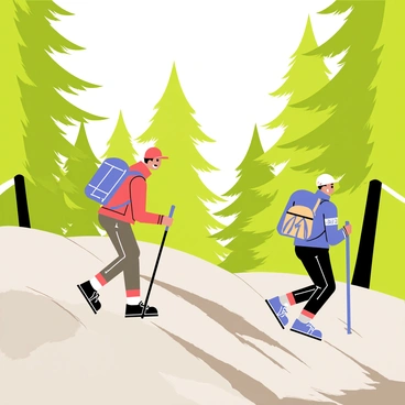 Two hikers are navigating a steep forest trail. Each hiker carries a large backpack and holds a walking stick for support. The trail is surrounded by tall evergreen trees with lush green foliage. Sunlight filters through the branches, casting dappled shadows on the ground. The hikers are dressed in sturdy outdoor clothing, with one wearing a bright red jacket and the other in a blue one. The trail is rocky and uneven, showing the challenges of the hike ahead.