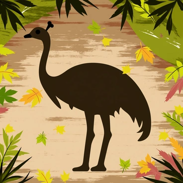 A shadow of a cassowary is cast on a forest floor covered with various fallen leaves. The shadow has distinct features of the cassowary, including its tall stature and unique shape. Surrounding the shadow, the forest floor is rich with an array of leaves in shades of green, brown, and yellow, creating a textured natural backdrop. Sunlight filters through the tree canopy above, illuminating some leaves and enhancing the contrast of the shadow against the ground.