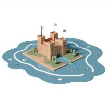 A large floating fort, constructed with wooden planks and stone, sits majestically on the surface of a serene blue lake. The fort features tall, sturdy walls with battlements, complete with flags waving gently in the breeze. Surrounding the fort are interconnected waterways, designed with smooth, curved edges that create gentle flows. Clear water glistens in the sunlight as fish swim freely through the waterways, navigating safely past the fort and into the adjoining lakes. Lush greenery borders the fort, with trees reflecting in the calm water, enhancing the natural beauty of the scene.