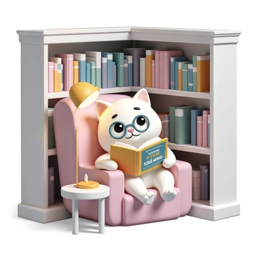 A cartoon cat with fluffy white fur and large expressive eyes, sitting comfortably in a cozy corner of a grand library. The cat is wearing round glasses perched on its nose, deeply engrossed in a colorful book titled "Adventures of the Feline World." Around the cat are towering bookshelves filled with various books, and there is a plush armchair and a small side table beside it. A warm, soft light from a nearby lamp casts a gentle glow on the scene, highlighting the cat's focused expression as it turns the pages.