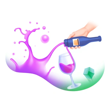 A modern pastel illustration depicting a hand gracefully pouring "red wine" from a bottle into a "glass." The wine is shown in mid-air, creating "splashes" that arc beautifully around the glass. The background features soft, blended pastel colors that enhance the scene, emphasizing the elegance of the pouring action. The glass is positioned prominently, reflecting the vibrant color of the wine as it fills up.