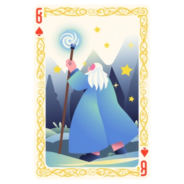 A fantasy-themed playing card is prominently displayed. At the center, a wizard with long white hair and a flowing blue robe is raising his staff, casting a spell. The staff is topped with a glowing crystal that emits a bright, swirling light. Sparkling stars and magical symbols surround the wizard, illustrating the powerful energy of his spell. In the background, a dark forest with silhouettes of ancient trees adds depth to the scene. The border of the card is adorned with intricate gold patterns, enhancing the fantasy theme.