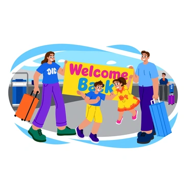A family of four is standing at the airport arrivals gate. The parents are smiling widely, and they are holding a large, colorful sign that says "Welcome Back" in bright, bold letters. The two children, a boy and a girl, are jumping with excitement. The boy is wearing a blue t-shirt and shorts, while the girl is dressed in a yellow dress with a floral pattern. Behind them, there are travelers with luggage and the sleek design of the airport facility is visible in the background. The atmosphere is filled with joy and anticipation.