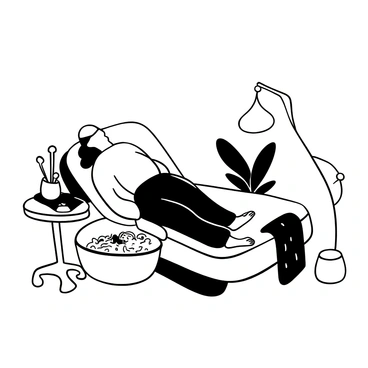 A pedicure parlor featuring a comfortable chair with a client reclined, enjoying a foot massage. The client's feet are submerged in a bowl of warm water, with ripples forming on the surface. Nearby, a neatly arranged set of pedicure tools is displayed on a small table. Soft towels are draped over the armrest of the chair, and a decorative plant is placed in one corner of the room. The ambiance suggests a serene atmosphere, with light fixtures creating gentle shadows.