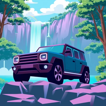 A G-Wagon with a sleek, modern design, featuring glossy black paint and high-off-road tires, is parked on a rocky outcrop. The vehicle's headlights are off, reflecting the vibrant colors of the surrounding environment. In the background, a majestic waterfall cascades down rugged cliffs, sending mist into the air. The lush forest enveloping the scene is filled with various shades of green, including towering trees and dense underbrush. Sunlight filters through the leaves, creating dappled patterns on the ground. A rainbow can be seen forming in the mist created by the waterfall, adding a vibrant arc above the scene.