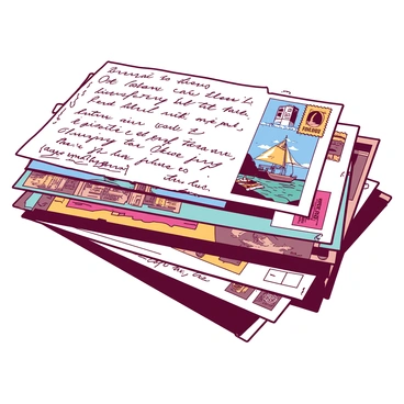 A collection of stacked vintage postcards featuring intricate designs. Each postcard showcases different scenes, such as a seaside view and a bustling cityscape. The edges of the postcards are slightly worn, enhancing their aged appearance. Handwritten notes are visible on some of the cards, with elegant cursive writing in dark ink. Aged stamps are affixed to several of the postcards, displaying various postal markings. The stack is arranged neatly, with a few cards slightly fanned out to reveal their colorful images and details.