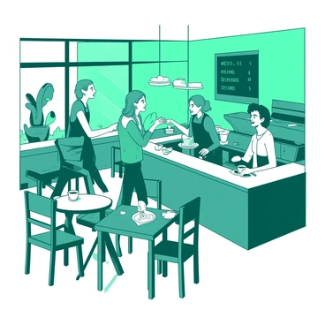 A lively scene inside a cafe with people chatting and baristas busy at work