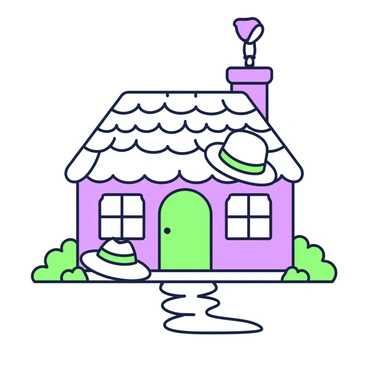 A collection of various hats is arranged in a way that forms the shape of a cozy cottage. At the bottom, a wide-brimmed straw hat creates the roof, with its brim extending outward. Above it, a small beanie is positioned to act as the chimney. On either side of the cottage shape, two fedoras are placed to form the walls, standing upright. In front of the cottage, a colorful sun hat serves as the garden path, leading toward the entrance. The entire arrangement emphasizes the charming aspect of a cottage build, while showcasing the unique features of each hat.