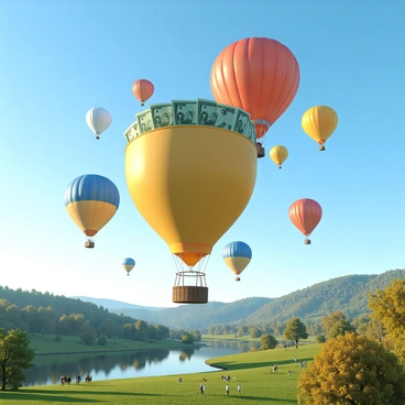 A vibrant scene depicting several hot air balloons ascending into a clear blue sky. Each balloon is uniquely designed and filled with stacks of cash bills instead of the typical hot air. The balloons are in bright colors, such as red, yellow, and blue, contrasting against the sky. The cash within the balloon's envelope is visible, fluttering gently in the breeze. Below, a picturesque landscape of rolling hills and a river reflects the sunlight. The scene conveys a sense of excitement and whimsy as the balloons float higher, leaving behind a small crowd of onlookers gazing in wonder.