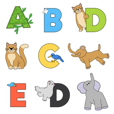 A vibrant and colorful illustration featuring the entire alphabet with each letter represented by a corresponding animal. The letter "A" is depicted as an alligator, its green scales glistening. "B" showcases a bright bluebird, perched cheerfully on a branch. The letter "C" is illustrated with a curious cat, its whiskers twitching playfully. A dancing dog represents the letter "D," its tail wagging happily. The letter "E" features an elegant elephant, its trunk raised in joy. Each letter is distinct and animated, with expressive faces and playful poses, set against a simple background to highlight the animals and their letters.
