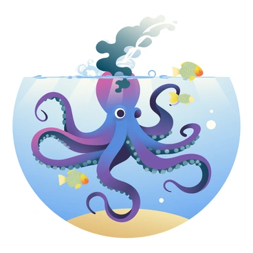 An octopus with vibrant blue and purple hues is releasing a dark ink cloud into the clear ocean water. The ink swirls around, creating a dramatic contrast against the bright backdrop of the ocean. Around the octopus, several small fish with shimmering scales in shades of yellow and green are swimming curiously, navigating through the cloud of ink. Sunlight filters down from the surface, casting dappled shadows on the sandy ocean floor below. The octopus is poised gracefully, with its tentacles gently undulating in the water.