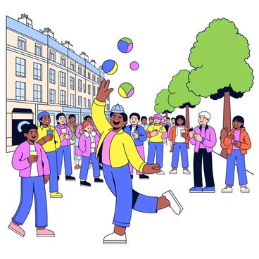 A street performer is showcasing a vibrant performance in a lively Paris square. The performer is juggling colorful balls in the air, with a joyful expression on their face. Around them, a crowd of diverse spectators, including children and adults, are watching attentively with smiles. The square is lined with charming stone buildings, and there are green trees in the background. A few people are holding drinks and snacks, adding to the festive atmosphere of the scene.