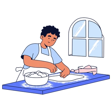 A baker with a white apron is kneading dough on a floured countertop. The baker is focused, with flour dusting their hands and the surface around them. A rolling pin is placed nearby, and a bowl filled with additional dough sits to the side. Sunlight streams in from a nearby window, casting soft shadows on the countertop.