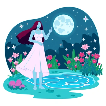 Priscilla is a young woman with long, flowing brown hair, wearing a flowing white dress. She is standing in a garden filled with vibrant flowers and lush greenery. The night sky is clear, adorned with bright stars, and a full moon illuminates the scene, casting intricate shadows on the ground. Priscilla gazes thoughtfully at a sparkling pond nearby, where the moonlight reflects on the water's surface, creating a shimmering effect. Glowing fireflies surround her, adding a magical touch to the tranquil atmosphere of the garden.