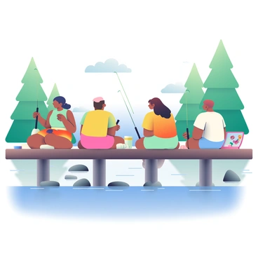 A serene lakeside view features a wooden dock extending over calm, reflective water. Four friends are sitting on the dock, each holding a fishing rod. Two of the friends have short hair, while the other two have long hair tied in ponytails. They are wearing casual summer attire, including bright t-shirts and shorts. Beneath the dock, the water is clear, revealing smooth stones and gentle ripples. In the background, tall green trees surround the lake, and a few fluffy white clouds drift across the blue sky. A cooler is placed nearby, and a fishing tackle box is open next to one of the friends, displaying various lures and bait.
