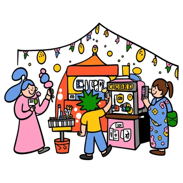 A group of anime characters is at a lively festival, surrounded by a variety of colorful stalls. The stalls are adorned with bright decorations and banners. There are several glowing lanterns hanging overhead, casting a warm light on the scene. One character, a girl with long blue hair wearing a pink yukata, is joyfully holding a cotton candy. Next to her, a boy with spiky green hair in a yellow t-shirt is trying to win a toy at a game stall. In the background, another character, a girl with short brown hair wearing a floral kimono, is taking photos of the vibrant atmosphere. The scene is filled with excitement and a sense of community as people enjoy the festival together.