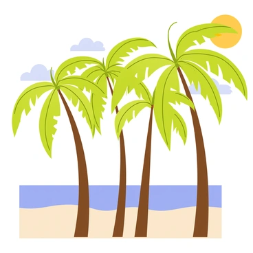 A row of tall date palm trees with long, green fronds swaying gently in the wind. The trunks of the trees are thick and brown, showing their sturdy nature. In the background, a bright blue sky is visible with a few fluffy white clouds scattered throughout. The sandy beach below is light beige, reflecting the sunlight. The sun casts warm, golden rays over the scene, illuminating the palms and beach, creating a cheerful atmosphere.