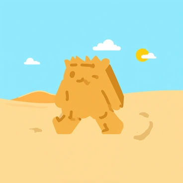 A sandy golem walking across a vast desert under a blazing sun.