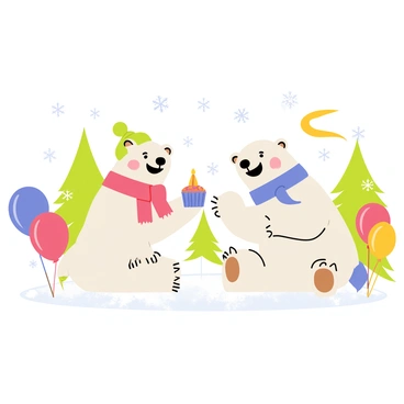 Two polar bears, one wearing a red scarf and a green hat while the other sports a blue scarf and a yellow hat, are joyfully celebrating in a snowy landscape. They are surrounded by a flurry of snowflakes gently falling around them. Nearby, there are colorful party decorations like balloons and streamers, contrasting against the white snow. One polar bear is holding a cupcake with a candle, while the other is playfully clapping its paws in excitement. A backdrop of evergreen trees dusted with snow completes the festive scene.
