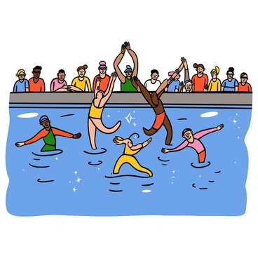 A team of synchronized swimmers with various skin tones performing intricate moves in a clear blue swimming pool. The swimmers are wearing bright colored swimsuits, showcasing vibrant patterns. They are in graceful poses, some forming symmetrical shapes with their bodies while others execute precise hand movements. The sunlight reflects off the water, creating sparkles on the surface, and the background includes a poolside with spectators watching in admiration.