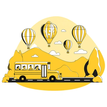 A yellow school bus driving down a road, its windows reflecting the sunlight. The bus has black outlines and is filled with children looking out excitedly. Above the bus, a sky filled with hot air balloons of various shapes and sizes floats peacefully. Each balloon has distinct patterns, some resembling animals and others with geometric designs. The scene captures an expansive view of the landscape below, with trees lining the sides of the road and distant hills on the horizon.