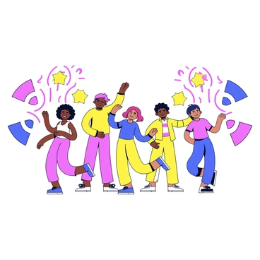 Silhouettes of several people dancing joyfully. Each figure is in a different pose, capturing the dynamic movement of dance. Surrounding the dancers are swirling sound waves that radiate outwards. These waves are depicted in bright colors, such as vibrant pinks, blues, and yellows, creating a sense of energy and rhythm in the scene.