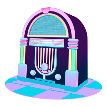A retro jukebox with a rounded top and vibrant neon lights illuminating its surface. The jukebox features bold colors like bright pink, blue, and yellow, evoking a lively atmosphere. It has an array of buttons and knobs in a glossy finish, with a prominent speaker grille in the center. The neon lights glow in various patterns, creating a flickering effect that draws attention. Surrounding the jukebox is a checkerboard floor pattern, enhancing the nostalgic vibe of the scene.