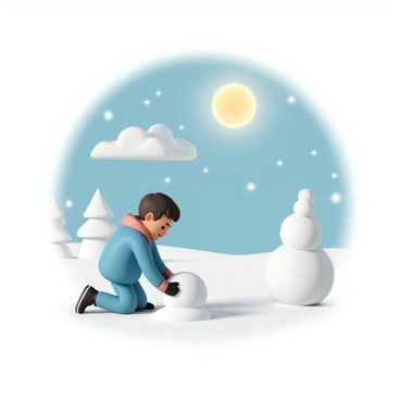 A cartoon boy, wearing a blue winter jacket, a red scarf, and black gloves, is kneeling in the snow. He is focused on rolling a large snowball to form the base of a snowman. The bright sun shines in a clear blue sky, casting soft shadows on the sparkling, white snow. Nearby, a second smaller snowball is ready to be placed on top. In the background, there are snow-covered trees and a few fluffy clouds drifting by, complementing the cheerful winter atmosphere.
