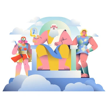 Zeus, a muscular man with a long white beard and wearing a flowing robe, is seated on a grand throne made of marble. He holds a lightning bolt in his right hand, symbolizing his power. Surrounding him are other Greek gods, including Athena, who wears a bronze helmet and carries a shield, and Poseidon, with a trident in his hand, standing confidently. The scene is set on Mount Olympus, with fluffy white clouds below and a bright blue sky above. Each god displays distinct attire and attributes, showcasing their unique identities. The overall atmosphere is one of grandeur and divine authority.