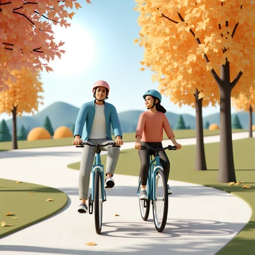 Two friends, a man and a woman, are riding bicycles side by side along a winding path in a scenic park. The man is wearing a blue jacket and gray jeans, while the woman is dressed in a red sweater and black leggings. They both have helmets on and are laughing as they ride. The park is filled with autumn trees, their leaves showcasing vibrant shades of orange, yellow, and red. The ground is covered in fallen leaves, and the sun is shining brightly through the branches, casting playful shadows on the path. In the background, there are distant hills and a clear blue sky.
