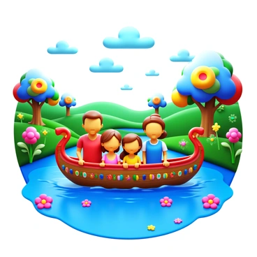 A family of four is on a boat, drifting gently on a river. The boat is ornately decorated with colorful patterns. Lush, oversized flowers line the banks of the river. Enchanted creatures, such as fairies with shimmering wings, flit around the boat. The sky is filled with whimsical clouds shaped like various mythical animals. In the background, there are rolling hills and fantastical trees with vibrant, multicolored leaves. The family members are smiling and enjoying their adventure.