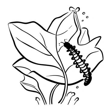 A detailed illustration of a caterpillar with a segmented body, displaying various textures and patterns, is positioned on a large milkweed leaf. The leaf exhibits prominent veins and edges, showcasing its natural shape. The caterpillar is actively munching on the leaf, with tiny bits of leaf material floating away. Surrounding the caterpillar are several smaller milkweed leaves, enhancing the scene's greenery. A few scattered milkweed flowers are visible in the background, adding to the natural setting.