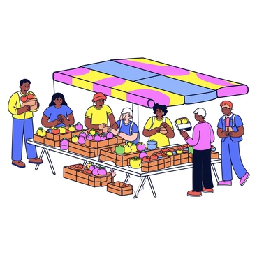 A vibrant open-air market filled with a colorful assortment of fresh fruits stacked in wooden crates and various handmade pottery items displayed on tables. Several women are engaging in trading, exchanging goods and negotiating prices, while men stand nearby observing or participating in the bargaining process. The scene is lively, with market stalls covered by colorful canopies providing shade. Brightly colored fruits like oranges, apples, and bananas are prominently featured, alongside intricately designed pottery in earthy tones.