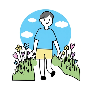 A person walking along a narrow path surrounded by lush green grass and a vibrant array of wildflowers in various colors. The person is wearing a light blue shirt and beige shorts, looking down at the flowers as they walk. A clear blue sky is visible above, with a few fluffy white clouds scattered throughout. The scene captures the tranquility of nature and the beauty of the wildflowers swaying gently in the breeze.