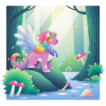 A mythical creature with iridescent scales and large, feathered wings is standing on a mossy rock in a lush, enchanted forest. The creature has bright, multi-colored eyes and a long, flowing mane that resembles strands of colorful flowers. Around it, vibrant green ferns and glowing mushrooms create a magical atmosphere. Sunlight filters through the tall, ancient trees, casting intricate shadows on the forest floor. Nearby, a small stream glimmers and reflects the colors of the creature, creating a harmonious scene.