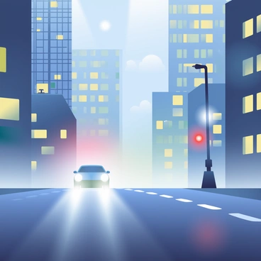 A cityscape at night features bright lights scattering through a thick layer of fog. The lights are various colors including blue, red, and yellow, diffusing and blending into the mist, creating a soft glow. Tall buildings with reflective glass surfaces rise in the background, their outlines softened by the fog. The street below is empty, with faint car headlights visible through the haze, leaving trails of light. The atmosphere conveys a sense of depth and mystery, with the fog enveloping the scene and the vibrant lights contrasting against the darkened sky.