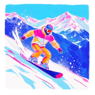 A muscular athlete is performing tricks on a snowy mountain slope. He is wearing a bright colored winter jacket, snow pants, and a helmet. His snowboards are angled sharply as he launches into the air, executing a mid-air twist. The snow is flying up around him, highlighting his athleticism. In the background, there are towering snow-covered peaks and a clear blue sky. The athlete's expression shows focus and determination as he prepares for his landing.