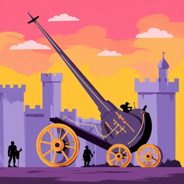 A massive siege engine with large wooden wheels and a towering arm is rolling towards a fortified castle. The engine has intricate details, including ropes and pulleys, and is designed for launching projectiles. In the background, the fortified castle features high stone walls, turrets, and battlements. The sky is filled with vibrant orange and purple hues from a dramatic sunset, casting a warm glow over the scene. Silhouetted soldiers can be seen preparing the siege engine, while scattered clouds add depth to the sky.
