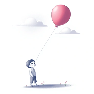 A red balloon is drifting upwards into the sky. Below it, a child is gazing up with a sense of wonder. The child has a curious expression, with wide eyes and a slight smile. The background features a clear sky with few fluffy clouds. The child is standing on a grassy field, with small flowers scattered around. The sunlight casts soft shadows on the ground, highlighting the child's silhouette as they watch the balloon ascend.