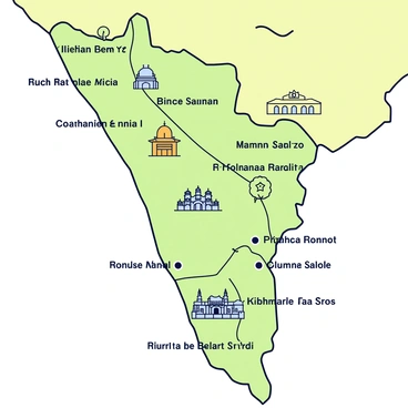 A detailed map of Kerala showcasing the major cultural heritage sites. Each site is marked with a distinctive icon representing its significance, such as temples, palaces, and historical monuments. The background of the map is a soft green shade, representing the lush landscape of Kerala. Major roads and water bodies are clearly outlined to guide the viewer. Small labels highlight the names of each heritage site, formatted in a clear font for easy reading. Trees and traditional house outlines are illustrated in a minimalistic style to enhance the cultural context of the region.
