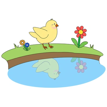 A small baby bird with fluffy yellow feathers and big round eyes stands on the edge of a calm pond. The bird is tilting its head to one side, curiously gazing at its own reflection in the water. The pond is surrounded by soft green grass and a few colorful flowers nearby, adding a touch of brightness to the scene. The surface of the water is smooth, creating a clear image of the baby bird looking back at itself. The sunlight is shining down, illuminating the bird and the vibrant colors of the flowers.