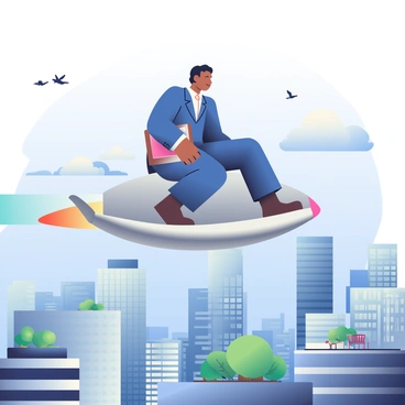 An office worker using a jetpack to fly over a city to work