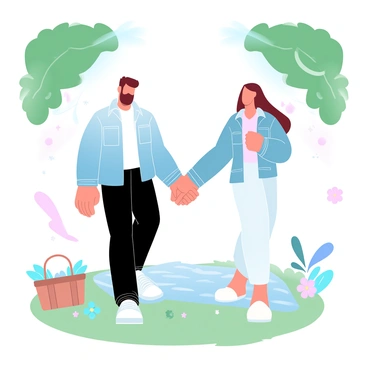 A man and a woman are walking hand in hand in a park. The man is wearing a light blue denim jacket over a white t-shirt paired with dark jeans. The woman is dressed in a matching light blue denim jacket over a pastel pink blouse and white trousers. They are surrounded by trees with lush green leaves, and there are colorful flowers blooming in the grass around them. Sunlight filters through the branches, creating soft patterns on the ground. A picnic blanket with a basket can be seen in the foreground, adding to the park atmosphere.