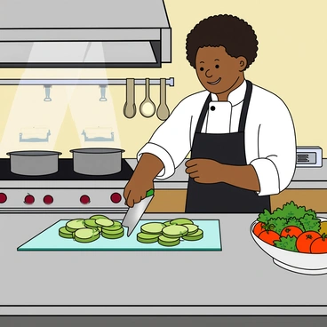 A chef with medium skin and curly black hair, wearing a white chef's coat and a black apron, stands at a stainless steel countertop in a professional kitchen. The kitchen is bustling with activity, featuring a large stove with pots simmering and utensils hanging on the wall. The chef is focused on a glass cutting board, where several fresh green pickles are sliced into thin rounds. A sharp knife is in the chef's right hand, and a bowl sits nearby filled with other colorful ingredients like tomatoes and herbs. Bright overhead lights illuminate the kitchen, highlighting the chef's concentration and the vibrant colors of the ingredients.