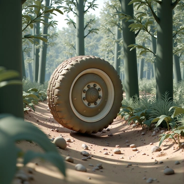 A rugged car wheel, covered in dirt and mud, is navigating through a dense forest trail. Surrounding the wheel are tall green trees with thick trunks, their leaves forming a lush canopy overhead. The ground is uneven and filled with scattered rocks and roots, creating a challenging terrain. Sunlight filters through the foliage, casting dappled shadows on the trail as the wheel rolls over the rough surface. In the background, glimpses of ferns and underbrush add to the sense of wilderness.