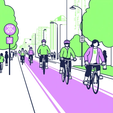 A dedicated city bike lane runs along a busy street, lined with trees and buildings in the background. Cyclists are commuting in both directions, showcasing a diverse group, including a man wearing a helmet and a bright jacket, and a woman with a backpack riding a vintage bicycle. Some cyclists are focused on their path, while others converse with friends. The bike lane is marked with clear lines and features a few small road signs indicating bike regulations. In the background, there are a few parked cars and pedestrians walking on the sidewalk.