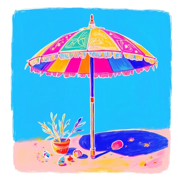 A colorful traditional parasol is prominently displayed, showcasing vibrant patterns and intricate designs typical of Kerala festivals. The parasol is opened wide, with its canopy radiating shades of red, yellow, green, and blue. It stands tall against a clear blue sky, providing a striking contrast. Below the parasol, there are hints of festive decorations, such as small garlands or lanterns, adding to the celebratory atmosphere of the scene. The ground beneath it is a simple earthy texture, highlighting the brightness of the parasol above.