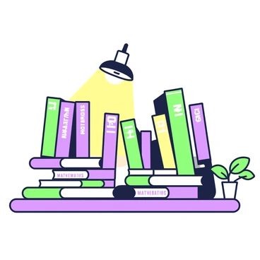 A library shelf is filled with various books on mathematics. The books have colorful spines that are neatly arranged, showcasing titles written in distinct fonts. A warm light source positioned above the shelf casts soft illumination on the books, making the titles visible. The shelf itself is made of dark wood, adding a sense of warmth to the scene. A small green potted plant is placed on the side of the shelf, adding a touch of nature to the arrangement. The overall atmosphere suggests a quiet, inviting space, perfect for reading and studying.