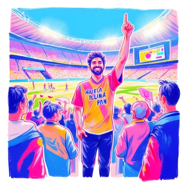 Diljit Dosanjh is standing in a lively stadium, wearing a vibrant jersey that represents his favorite sports team. He has a big smile on his face as he holds a foam finger high in the air. Surrounding him are enthusiastic fans, waving flags and wearing team colors. Bright lights illuminate the stadium, and the excitement of the crowd can be felt in the air. In the background, the field is visible with players in action and a scoreboard showing the game progress.