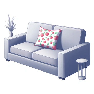 A throw pillow with a pattern of "cherries" rests on a "living room sofa." The pillow is plump and square-shaped, featuring "red cherries" and green leaves arranged in a repeating pattern. The sofa is upholstered in a textured fabric, providing a soft and inviting appearance. The arrangement of the pillow on the sofa adds to the overall comfort of the setting. The surrounding area includes a small side table with a "potted plant" nearby, contributing to the cozy atmosphere.